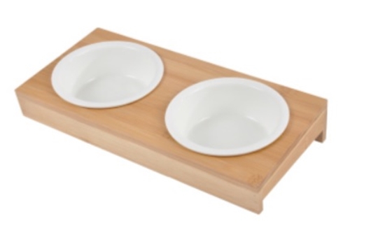 Picture of Double Ceramic Dog Bowl Set with Bamboo Shelf – 12cm Bowls